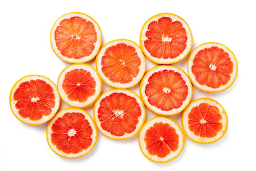 Slices of juicy grapefruit isolated on white background