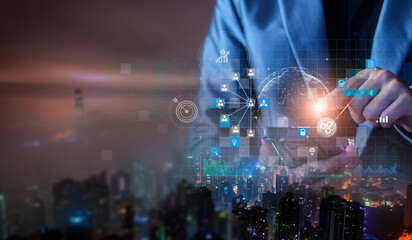 Businessman using mobile smartphone on global network connection on investor and customer with sale data exchange and development of business. Technology and digital marketing. Financial and banking.