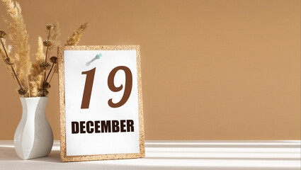 december 19. 19th day of month, calendar date.White vase with dead wood next to cork board with numbers. White-beige background with striped shadow. Concept of day of year, time planner, winter month