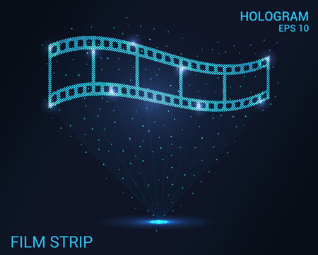 A hologram is a strip of film. Holographic projection of a strip of film. A shimmering stream of particle energy. Scientific cinema design.