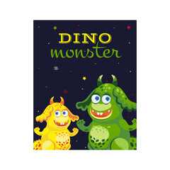 Leaflet design with friendly monsters. Funny mascots on dark background. Celebration and Halloween party. Template for promotional leaflet or flyer