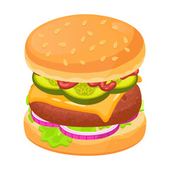 Burger, cartoon hamburger, tomato, cheese, cutlet, cucumber, onion isolated vector illustration
