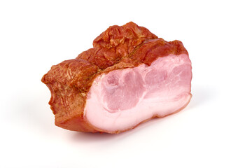 Cold smoked meat with slices, rustic style, isolated on white background.