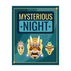 Magic night flyer design with tribal mask. Decoration in boho style, dancers silhouette vector illustration with text samples. Template for performance ticket or invitation cards