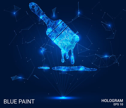 The hologram is blue paint. A brush in the paint of polygons, triangles of dots and lines. Paint drips from the brush low-poly structure of the compound. Technology concept.