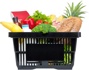 Black grocery store shopping basket full of food, PNG file no background