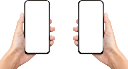Hands holding two mobile phones with empty screen mock up, PNG file no background