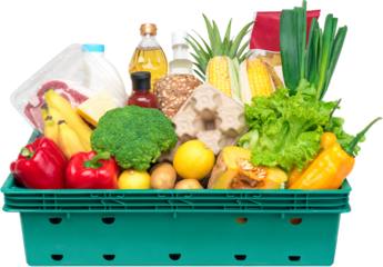 Fresh groceries and vegetables from supermarket in tray box, PNG file no background
