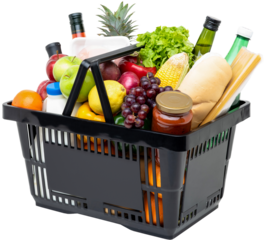 Supermarket shopping basket full of food and groceries, no background PNG file