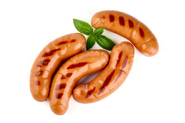 Roasted bavarian sausages, isolated on white background.