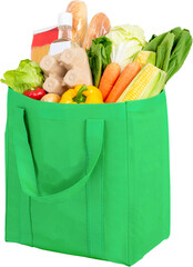 Green reusable shopping bag full of groceries, no background PNG file