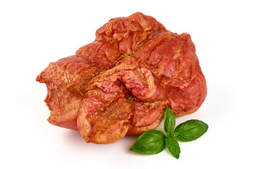 Cold smoked meat, rustic style, isolated on white background.