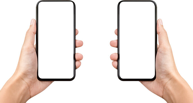 Hands holding two mobile phones with empty screen mock up, PNG file no background