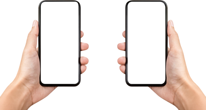 Hands holding two mobile phones with empty screen mock up, PNG file no background