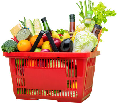 Supermarket grocery shopping basket full of food, no background PNG file