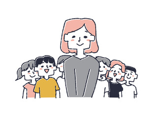 たくさんの子どもたちに慕われている女性教師　愛情を持って教育に携わる教員、スタッフのイラスト