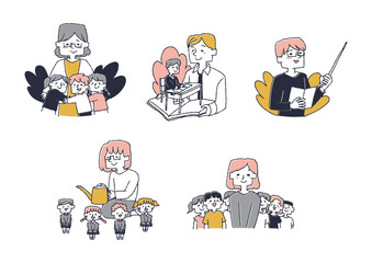 愛情を持って教育に携わる教員、スタッフのイラストセット　コミカルな手書きの人物　