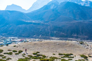 Papier Peint photo Makalu Dingboche village and mount Lhotse - trek to Everest base camp - Nepal Himalayas mountains