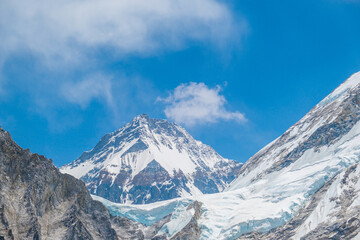View from Mount Everest base camp, tents and prayer flags, Sagarmatha national park, Khumbu valley, Nepal trekking, Himalaya tourism