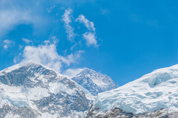 View from Mount Everest base camp, tents and prayer flags, Sagarmatha national park, Khumbu valley, Nepal trekking, Himalaya tourism
