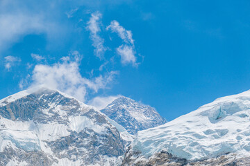 Obraz premium View from Mount Everest base camp, tents and prayer flags, Sagarmatha national park, Khumbu valley, Nepal trekking, Himalaya tourism
