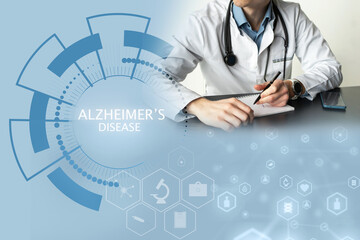 doctor examines genetic predisposition to Alzheimer's disease, light background, medical infographic.