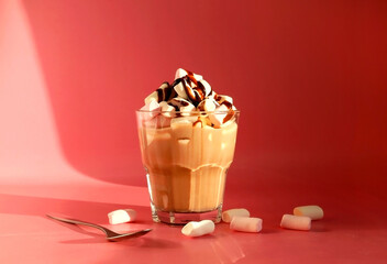 Cacao in a glass glass with marshmallows and chocolate syrup on a pink background.