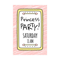 Princess baby girl birthday card. Handwritten text in frame with hearts and crowns on pink background. Can be used for party invitation, gift wrapper, banner decoration design