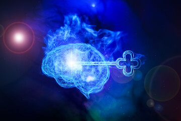 Obraz premium 3D Rendering of a Key Penetrate inside a Wire Brain with Blue Fire Flame