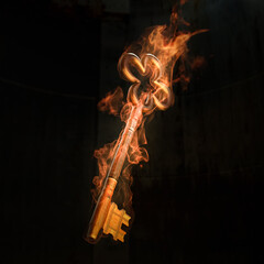 3D Rendering of a Vintage Brass Key Burning in Flame