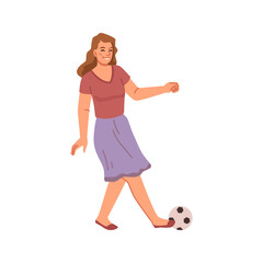 Fototapeta na wymiar Female character playing football, isolated woman kicking ball. Mother personage having fun outdoors, sportive games and active lifestyle. Flat cartoon, vector in flat style