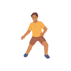 Fototapeta premium Smiling boy in summer shirt and shorts playing isolated flat cartoon character. Vector illustration of young man in casual clothing, portrait of little boy on vacation