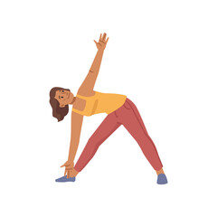 Woman doing wide legged forward bend twist pose, flat cartoon vector illustration isolated on white background. Wide twisted legs and one hand up, pilates and stretching