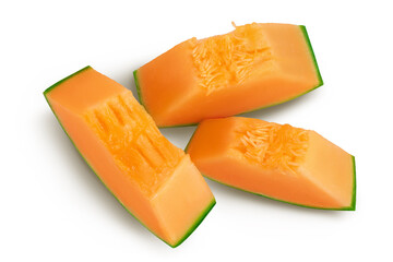 Cantaloupe melon slices isolated on white background with full depth of field. Top view. Flat lay