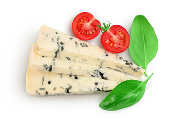 Blue cheese gorgonzola isolated on white background with full depth of field. Top view. Flat lay.