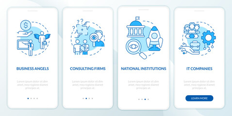 New business sponsorship types blue onboarding mobile app screen. Walkthrough 4 steps editable graphic instructions with linear concepts. UI, UX, GUI template. Myriad Pro-Bold, Regular fonts used