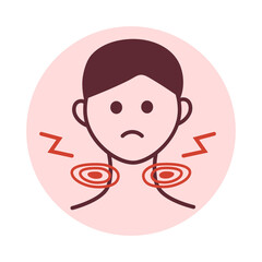 Man with swollen lymph nodes. Tonsils swelling and redness. Inflammation in throat. Tonsillitis, pharyngitis. Viral infection. Sore throat. Difficulty swallowing. Graphic icon.