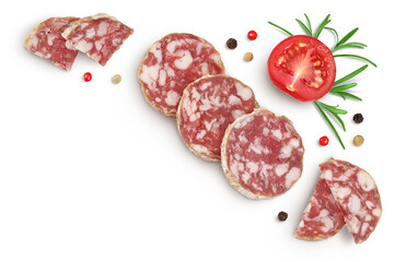 Cured salami sausage slices isolated on white background. Italian cuisine with full depth of field....