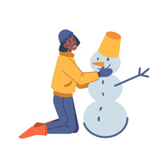 Woman makes snowman in winter cloth, vector flat cartoon