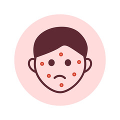 Rash on face line icon. Person suffering from pimples, acne, rash, allergy, psoriasis, eczema. Facial dermatitis.