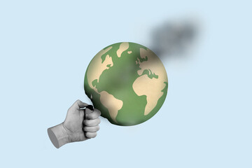 Composite collage illustration of human hand black white colors hold lighter burning planet earth globe isolated on drawing background