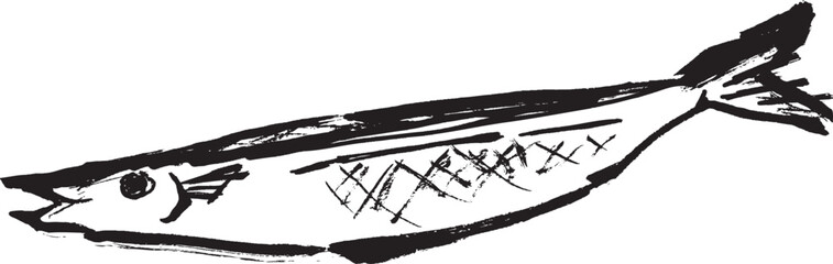 サンマの和風イラスト素材　モノクロ　線画