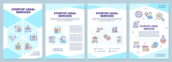 Fototapeta na wymiar Startup legal services cyan brochure template. Hiring lawyer. Leaflet design with linear icons. Editable 4 vector layouts for presentation, annual reports. Arial-Black, Myriad Pro-Regular fonts used