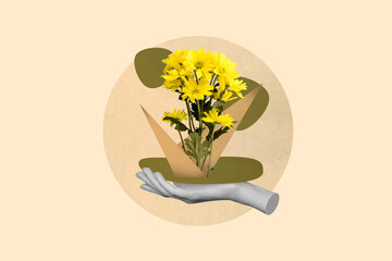 Vertical collage portrait of arm palm hold demonstrate growing yellow flower isolated on drawing...