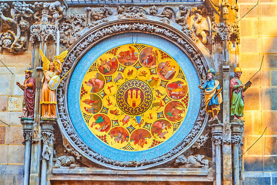 The richly decorated Prague Orloj astronomical clock, Prague, Czech Republic