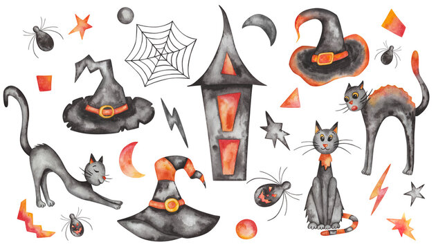 Watercolor illustration of hand painted witch hat of black, orange colors, cats, lantern building, house, insects spiders, cobweb, net. Isolated clip art for Halloween cards, packaging paper, prints