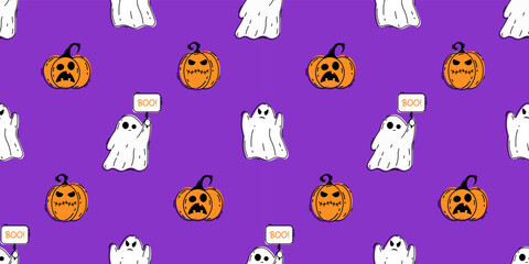 Fototapeta premium Halloween seamless pattern with doodle pumpkins and ghosts. Vector illustration