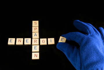 A hand with blue gloves lays the last wooden stone for the crossword puzzle with the words save and...