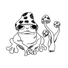 Vector hand drawn frog and mushrooms