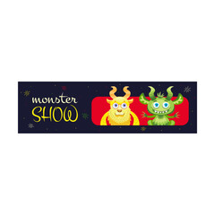 Monster show banners design for event. Modern promotional flyer with funny beast characters. Celebration and monster party concept. Template for poster, promotion or web design